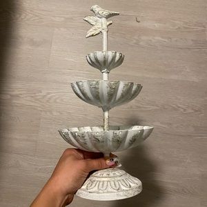 White Tiered Jewlery Holder with Rustic Detailing and Ornamental Bird